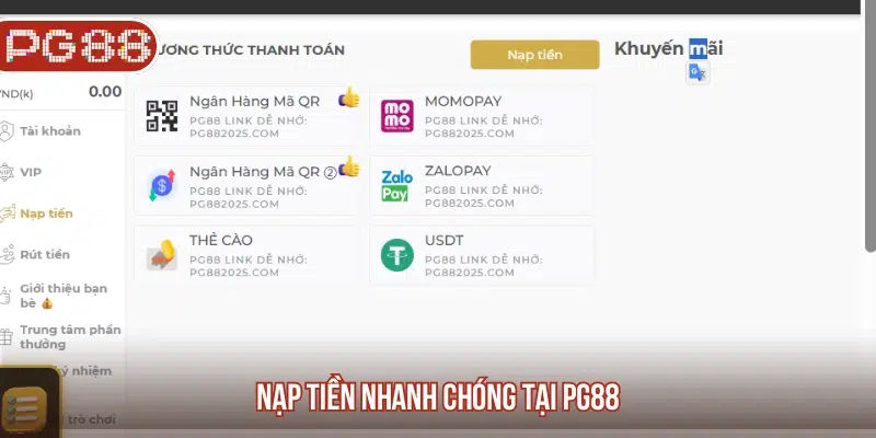 Chọn hình thức nạp tiền thích hợp trên màn hình PG88 